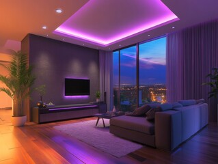 Modern Living Room with Purple LED Lighting and City View