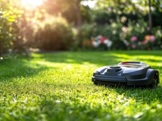 Robotic Lawn Mower Cutting Grass in a Sunny Garden