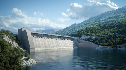 A modern dam surrounded by mountains and water, showcasing renewable energy infrastructure.
