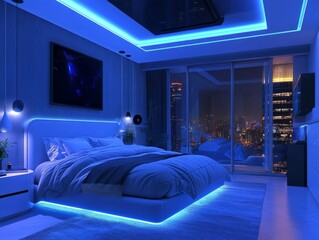 Modern Bedroom with Blue Lighting and City View