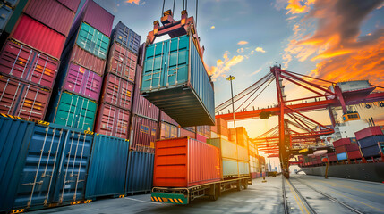 Logistics, container Cargo ship transportation with working crane bridge in deep sea port for import export.