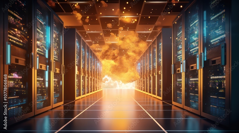 Poster server room with cloud computing concept