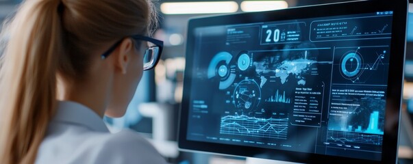 A woman analyzes data on a high-tech monitor, showcasing graphs, maps, and digital information in a modern workspace.