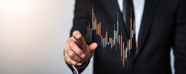 A businessman in a suit points at a floating candlestick chart, symbolizing market trends and financial analysis.