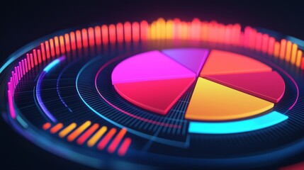 A vibrant, digital pie chart with colorful segments and audio visualizations, representing data analysis and statistics in a modern design.