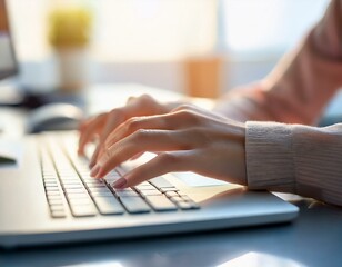 A employee is typing on a laptop in the office.