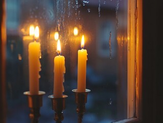 Three Lit Candles in Candelabras Seen Through a Window