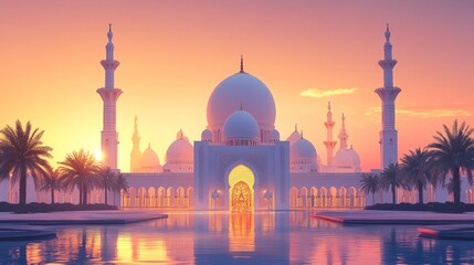 Sheikh Zayed Grand Mosque at Sunset with Palm Trees and Reflecting Water