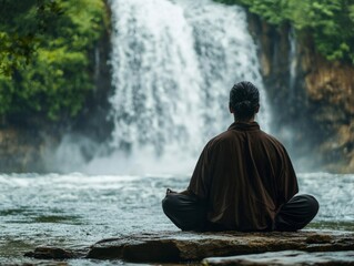 Obraz premium A Person Meditating in Front of a Waterfall