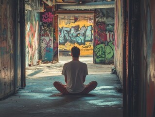 Man Meditating in a Graffiti-Covered Abandoned Building
