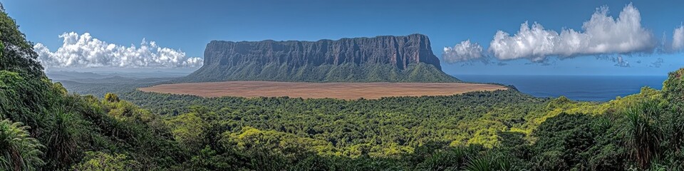 Obraz premium Majestic Table Mountain in Lush Venezuelan Jungle Against Clear Blue Sky with Scenic Horizon and Rolling Clouds - Captivating Natural Landscape Photography