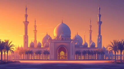 Grand Mosque with Palm Trees and a Sunset Sky