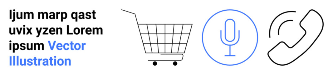 Shopping cart icon, microphone in circle, phone receiver for modern online services. Ideal for e-commerce, communication tools, voice over IP, customer support, digital services, multimedia apps, IT