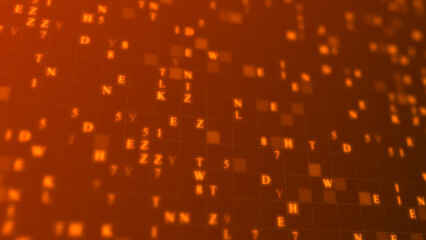 Orange glowing letters and numbers matrix abstract background, horizontal composition. Technology background.