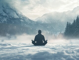 A lone figure meditates in a snowy mountain landscape.