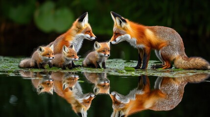 A family of foxes gathered by a serene water body, reflecting their image in the calm surface.