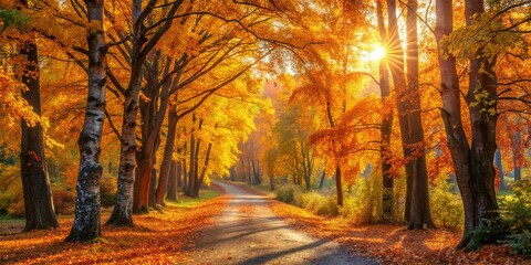 Golden Canopy Path Sunbeams Streaking Through Autumnal Trees, Casting Long Shadows on the Winding Road