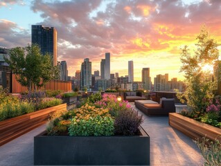 Fototapeta premium Rooftop Garden with City Skyline and Sunset View