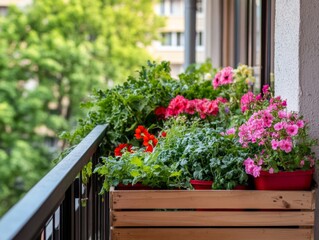 Colorful Flowers in Wooden Planters on a Balcony