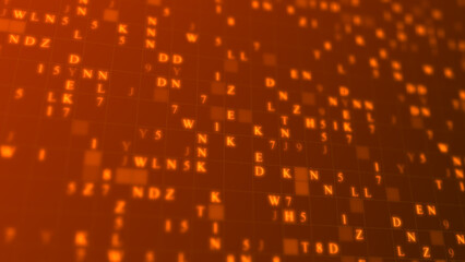 Orange glowing letters and numbers matrix abstract background, horizontal composition. Technology background.