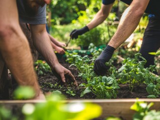 Close-up of Two Gardeners Tending to Plants in a Raised Bed
