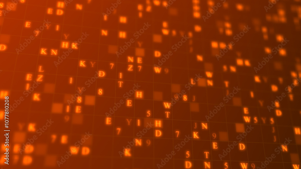 Poster orange glowing letters and numbers matrix abstract background, horizontal composition. technology ba