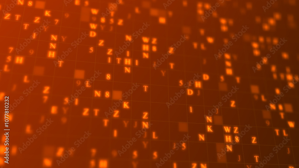 Poster orange glowing letters and numbers matrix abstract background, horizontal composition. technology ba