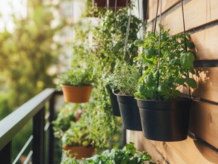 Hanging Plants on a Wooden Balcony Railing
