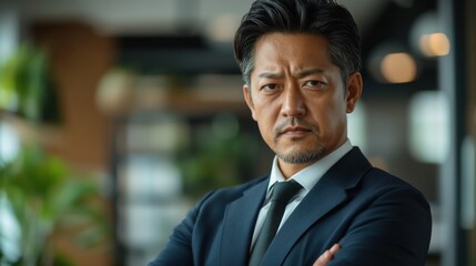 Obraz premium モダンなオフィス環境で自信に満ちた日本のビジネスマン