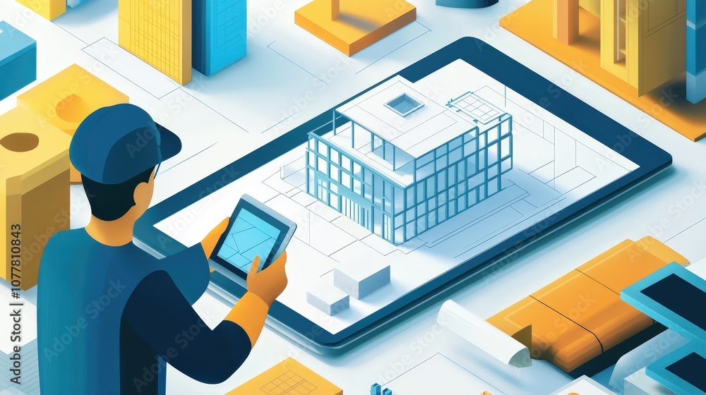 Poster an architect working on a tablet to make adjustments to a digital model of a building, surrounded by