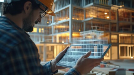 An architect working on a tablet to make adjustments to a digital model of a building, surrounded by construction materials.