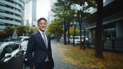 秋の変化と成長を受け入れる街並みの中で自信に満ちたビジネスマン