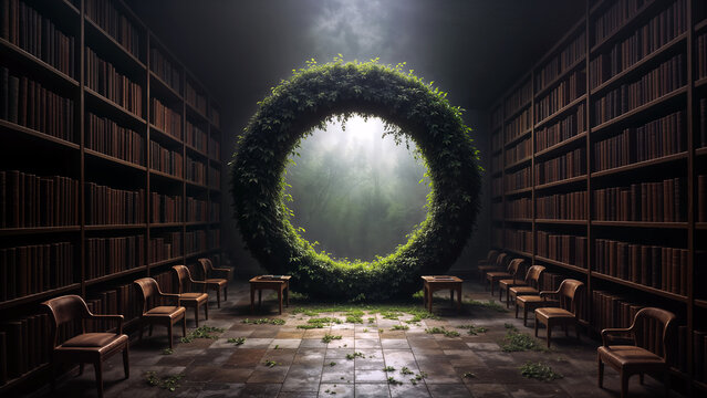 Mysterious library with circular greenery portal surrounded by bookshelves and chairs