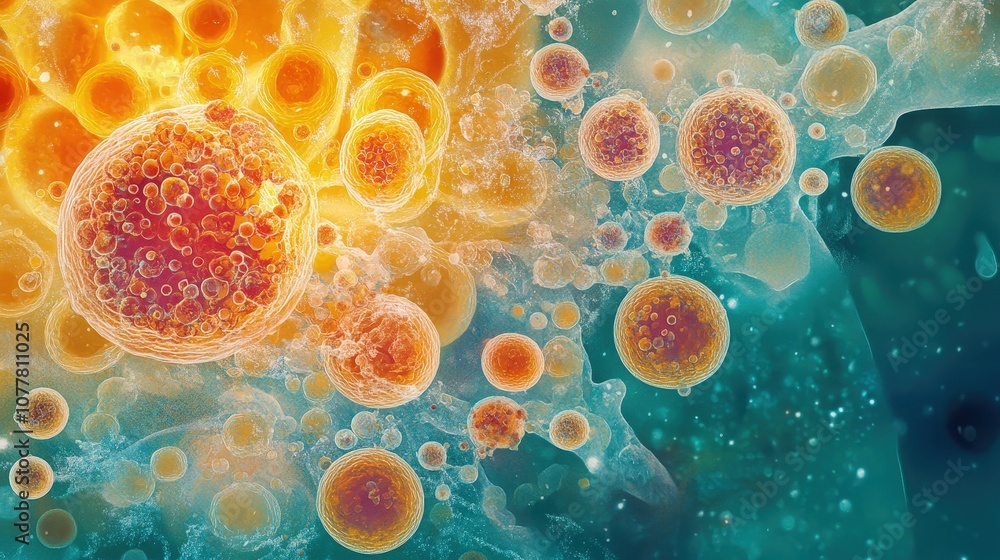 Poster an artistic rendering of bacterial growth in a microscope slide, showing bacteria in various stages 