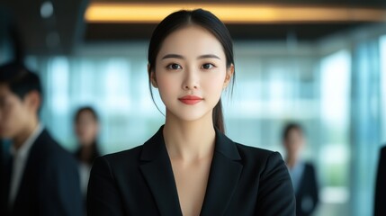 Naklejka premium 明るいオフィス環境で自信に満ちたアジア人ビジネスプロフェッショナル