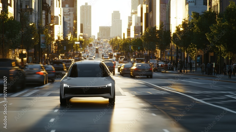 Poster an autonomous vehicle navigating a busy city street, with sensors and cameras scanning the environme