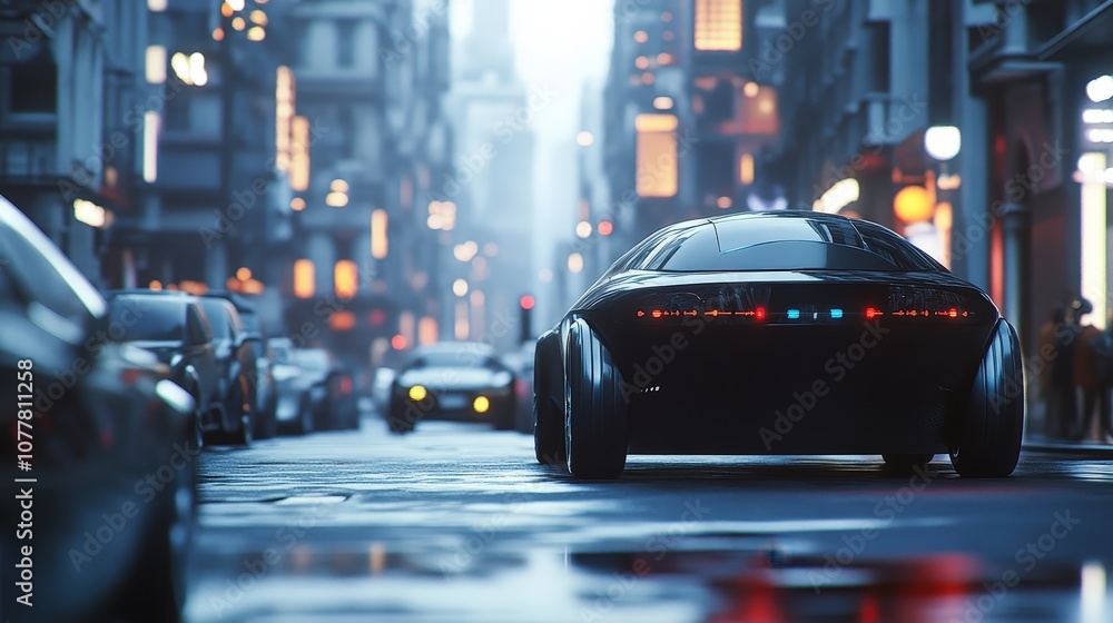 Poster an autonomous vehicle navigating a busy city street, with sensors and cameras scanning the environme