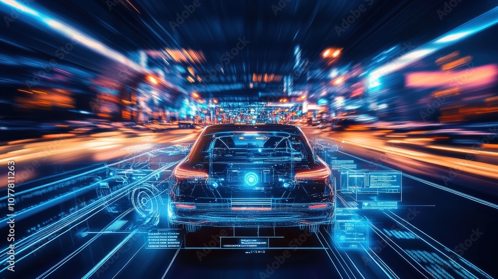Poster an autonomous vehicle navigating a busy city street, with sensors and cameras scanning the environme