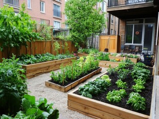Urban Backyard Vegetable Garden with Raised Beds