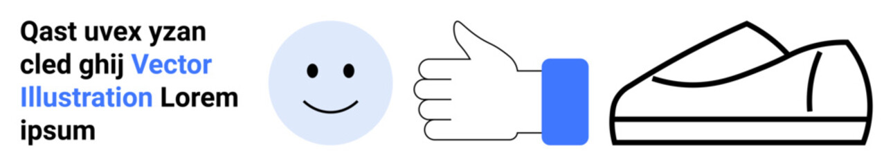 Happy face, handshake gesture, and simple shoe icon in black and blue. Ideal for positive interaction, communication, casual comfort, minimalistic design concepts, friendly engagement, activity