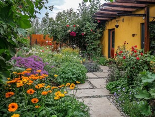 Obraz premium Stone Path Leading Through a Colorful Flower Garden Towards a Yellow House