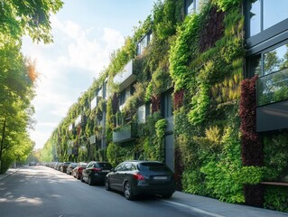 Modern Apartment Building with Lush Green Wall and Parked Cars
