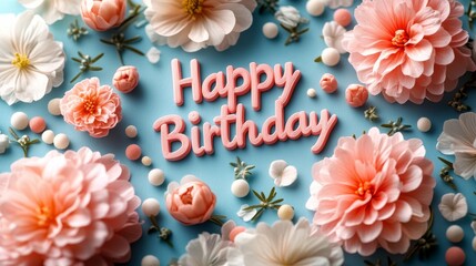 Floral happy birthday arrangement on blue