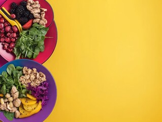Colorful bowls filled with fruits, vegetables, and snacks on a vibrant yellow background.