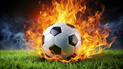 A Burning Passion for the Sport, a Black and White Ball Embraces the Fiery Heat, Surrounded by a Lush Green Field, a Symbol of Athletic Intensity