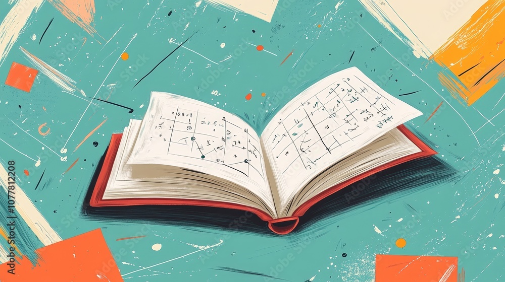 Poster an illustration of a math textbook opened to a page filled with algebraic expressions and equations.