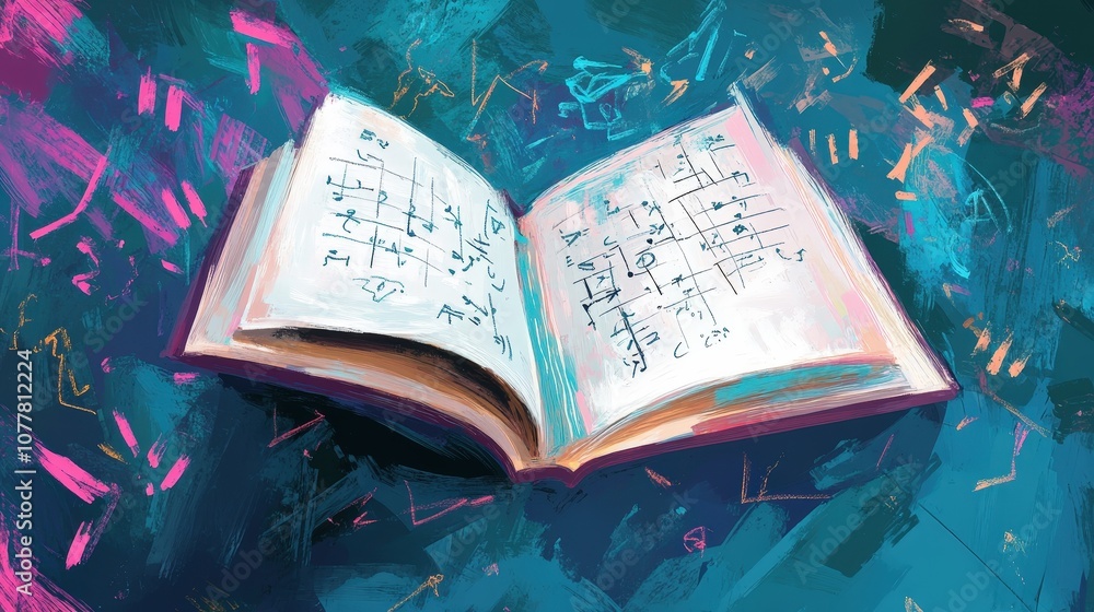 Poster an illustration of a math textbook opened to a page filled with algebraic expressions and equations.