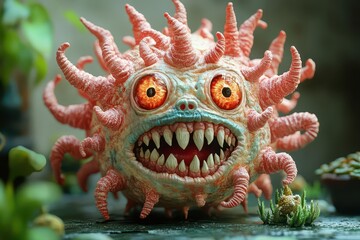 Fototapeta premium cartoonish depiction of an evil coronavirus monster with exaggerated features isolated on a vibrant green background conveying a sense of danger and urgency related to health issues