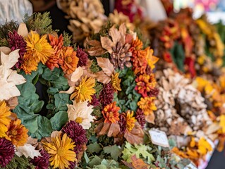 Autumnal Flower Wreaths with Dried Leaves and Pinecones