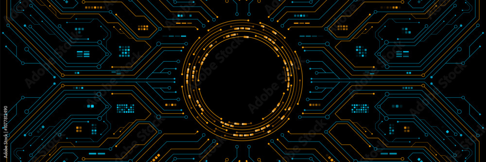 Poster ai circuit board with colorful electronic details for ui and gui design. hi-tech panel with light ef